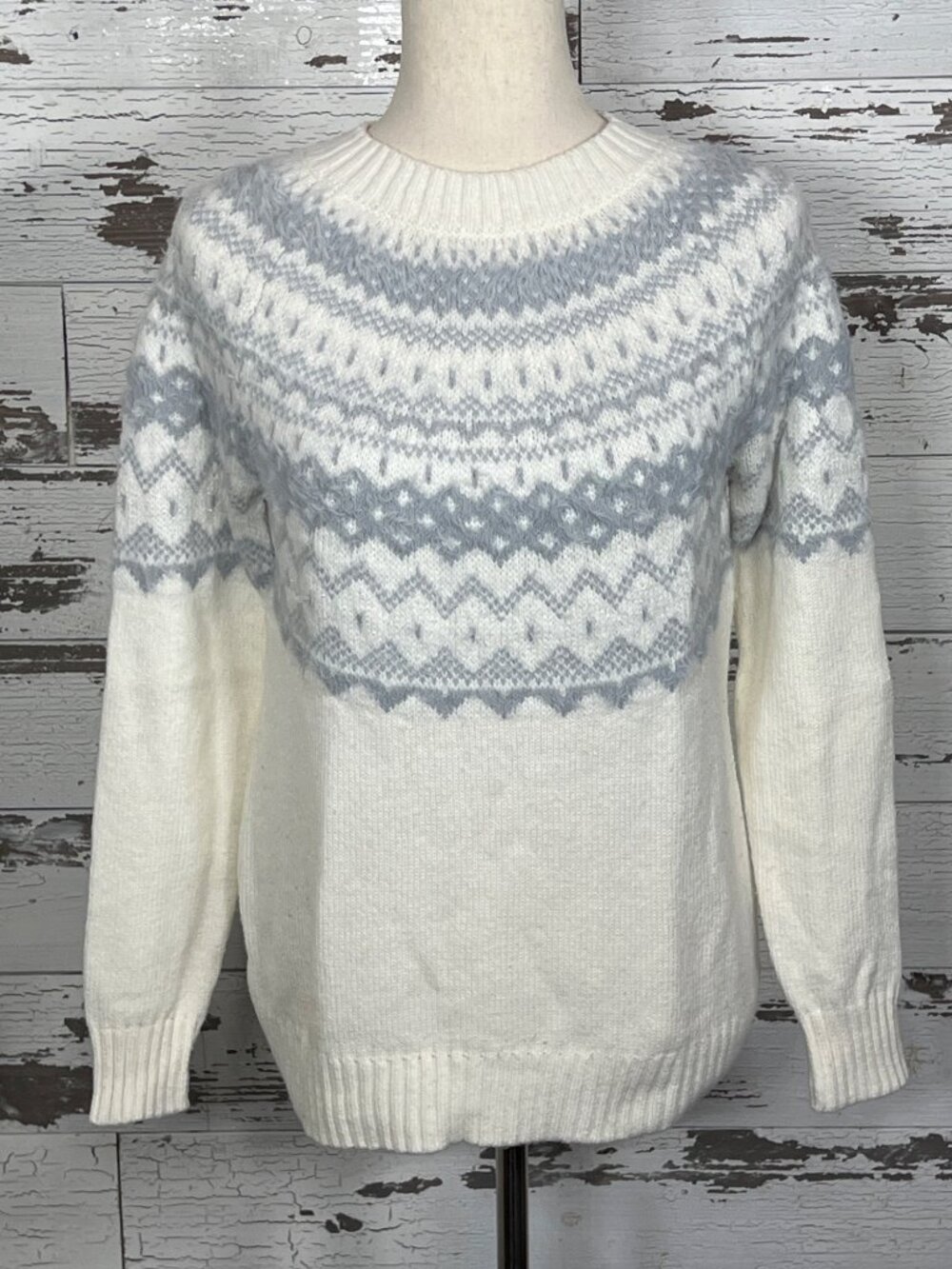 TALBOTS Pullover Sweater Crew Neck Cream Gray and Silver Sz S EUC